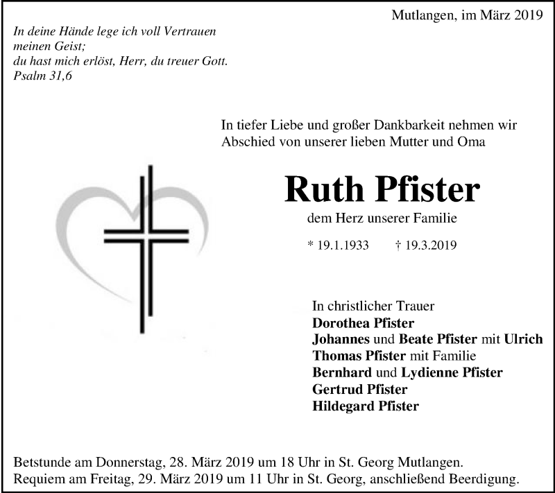  Traueranzeige für Ruth Pfister vom 23.03.2019 aus Gmünder Tagespost