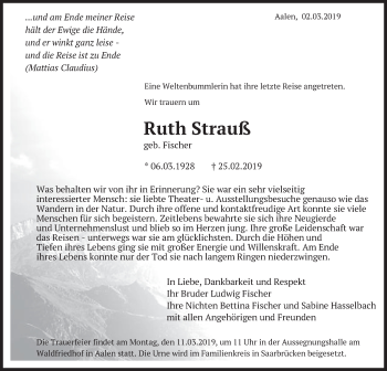 Traueranzeige von Ruth Strauß von Schwäbische Post