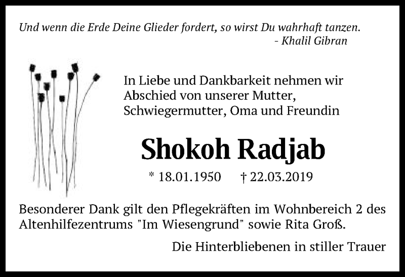  Traueranzeige für Shokoh Radjab vom 28.03.2019 aus Schwäbische Post