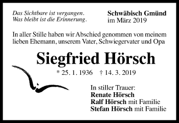 Traueranzeige von Siegfried Hörsch von Gmünder Tagespost