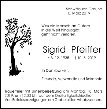 Traueranzeige von Sigrid Pfeiffer von Gmünder Tagespost
