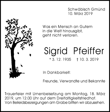 Traueranzeige von Sigrid Pfeiffer