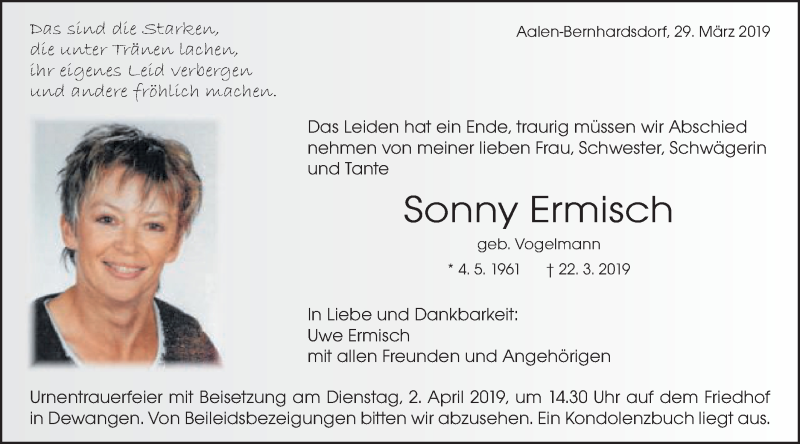  Traueranzeige für Sonny Ermisch vom 29.03.2019 aus Schwäbische Post