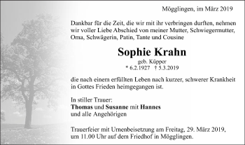 Traueranzeige von Sophie Krahn von Gmünder Tagespost
