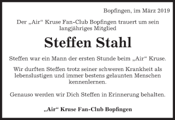 Traueranzeige von Steffen Stahl von Bopfinger Stadtanzeiger