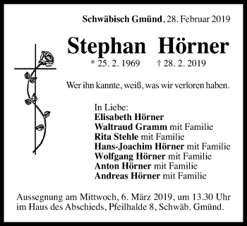 Traueranzeige von Stephan Hörner von Gmünder Tagespost