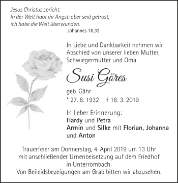 Traueranzeige von Susi Göres von Schwäbische Post