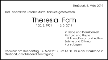 Traueranzeige von Theresia Fath 