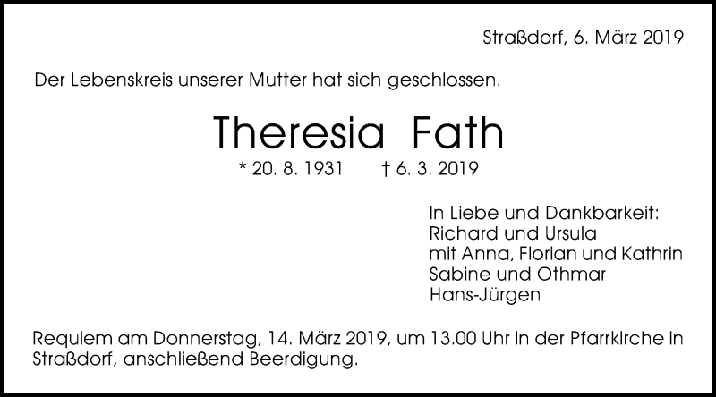  Traueranzeige für Theresia Fath  vom 11.03.2019 aus Gmünder Tagespost