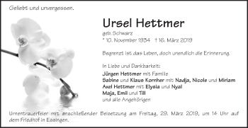 Traueranzeige von Ursel Hettmer von Schwäbische Post