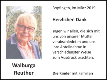 Traueranzeige von Walburga Reuther von Bopfinger Stadtanzeiger