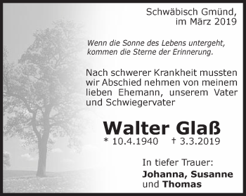 Traueranzeige von Walter Glaß von Gmünder Tagespost