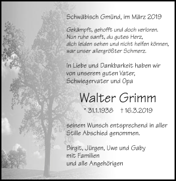 Traueranzeige von Walter Grimm von Gmünder Tagespost