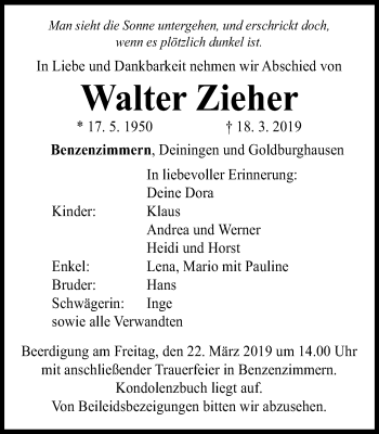 Traueranzeige von Walter Zieher von Schwäbische Post