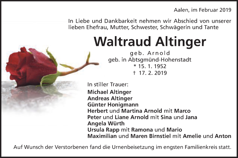  Traueranzeige für Waltraud Altinger vom 09.03.2019 aus Schwäbische Post