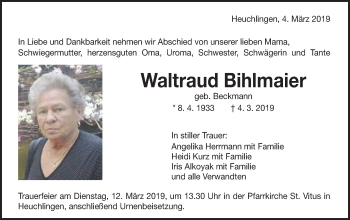 Traueranzeige von Waltraud Bihlmaier von Gmünder Tagespost