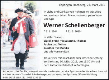 Traueranzeige von Werner Schellenberger von Schwäbische Post