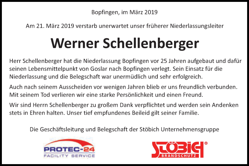 Traueranzeige für Werner Schellenberger vom 28.03.2019 aus Schwäbische Post