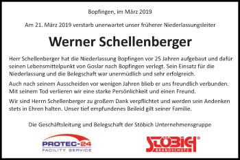 Traueranzeige von Werner Schellenberger von Schwäbische Post