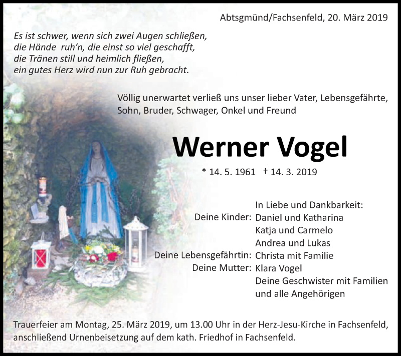  Traueranzeige für Werner Vogel vom 20.03.2019 aus Schwäbische Post