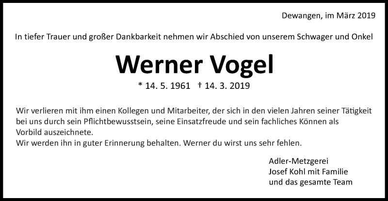  Traueranzeige für Werner Vogel vom 20.03.2019 aus Schwäbische Post