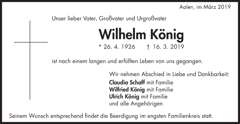  Traueranzeige für Wilhelm König vom 19.03.2019 aus Schwäbische Post