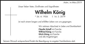 Traueranzeige von Wilhelm König von Schwäbische Post