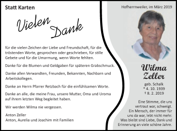 Traueranzeige von Wilma Zeller von Schwäbische Post