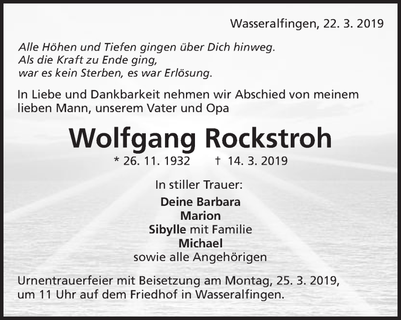  Traueranzeige für Wolfgang Rockstroh vom 22.03.2019 aus Schwäbische Post
