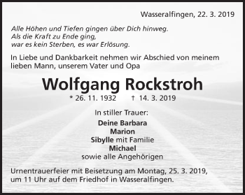 Traueranzeige von Wolfgang Rockstroh von Schwäbische Post