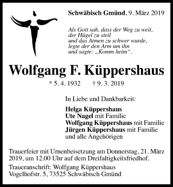 Traueranzeige von Wolfgang F. Küppershaus von Gmünder Tagespost