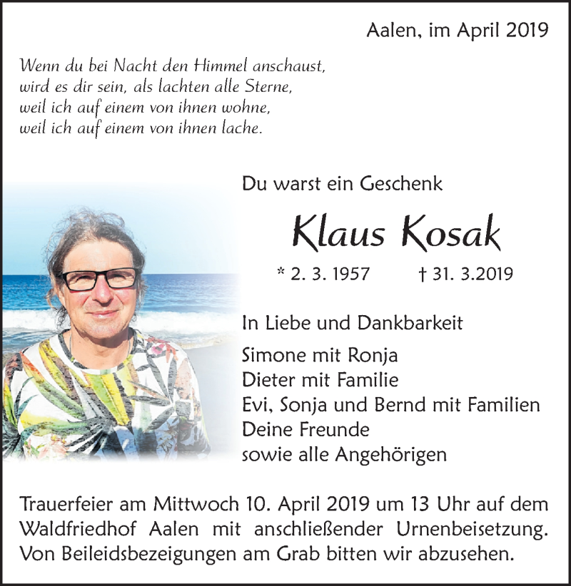  Traueranzeige für Klaus Kosak vom 06.03.2019 aus Schwäbische Post