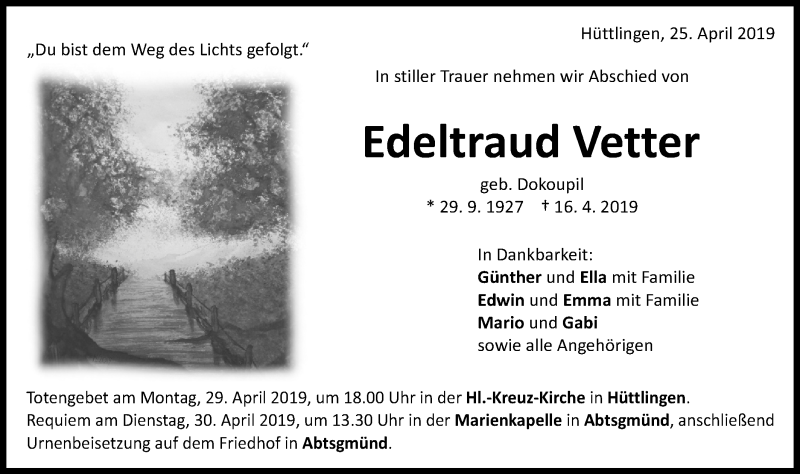  Traueranzeige für Edeltraud Vetter vom 25.04.2019 aus Schwäbische Post