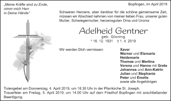 Traueranzeige von Adelheid Gentner von Schwäbische Post