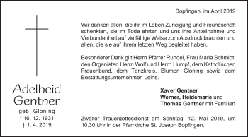 Traueranzeige von Adelheid Gentner von Schwäbische Post