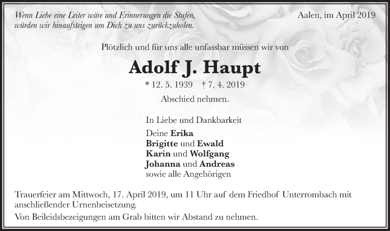  Traueranzeige für Adolf J. Haupt vom 15.04.2019 aus Schwäbische Post