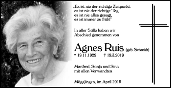 Traueranzeige von Agnes Ruis von Gmünder Tagespost