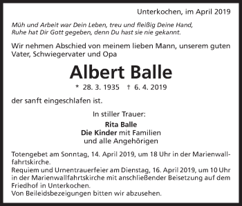 Traueranzeige von Albert Balle von Schwäbische Post