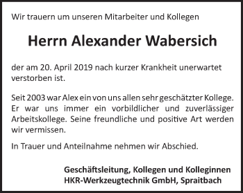 Traueranzeige von Alexander Wabersich von Gmünder Tagespost