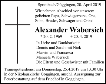 Traueranzeige von Alexander Wabersich von Gmünder Tagespost