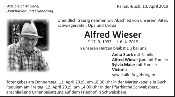 Traueranzeige von Alfred Wieser von Schwäbische Post