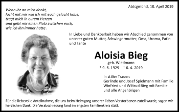 Traueranzeige von Aloisa Bieg von Schwäbische Post