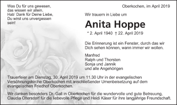 Traueranzeige von Anita Hoppe von Schwäbische Post