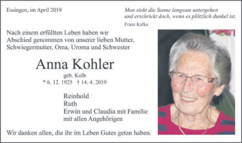 Traueranzeige von Anna Kohler von Schwäbische Post