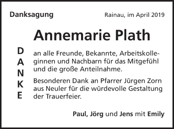 Traueranzeige von Annemarie Plath von Schwäbische Post