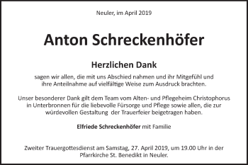 Traueranzeige von Anton Schreckenhöfer von Schwäbische Post