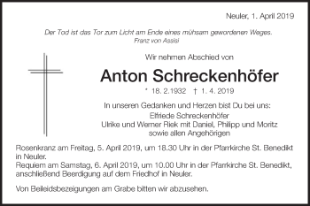 Traueranzeige von Anton Schreckenhöfer von Schwäbische Post