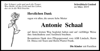 Traueranzeige von Antonie Schaal von Gmünder Tagespost