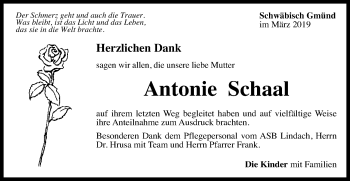 Traueranzeige von Antonie Schaal