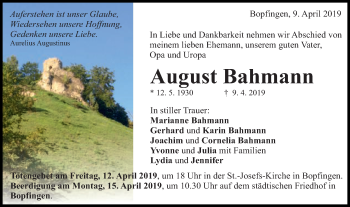 Traueranzeige von August Bahmann von Schwäbische Post